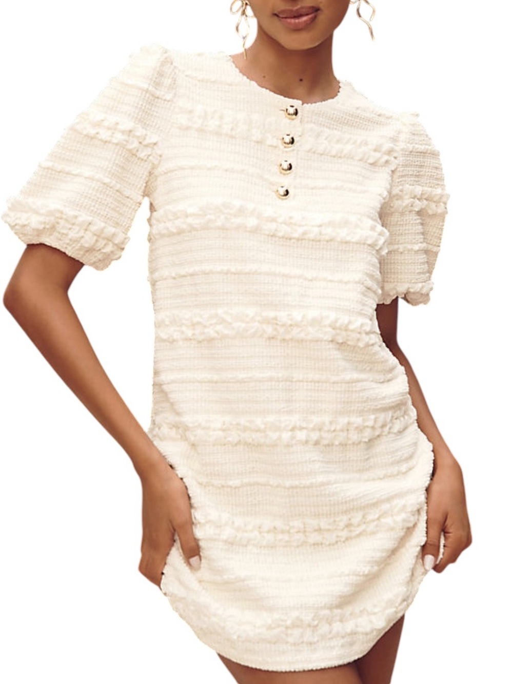 Anthropologie x English Factory Cream Smocked Puff Sleeve Mini Dress - XS